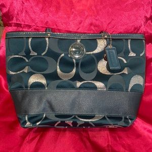Authentic Coach Signature Stripe Teal Three Color Metallic Tote